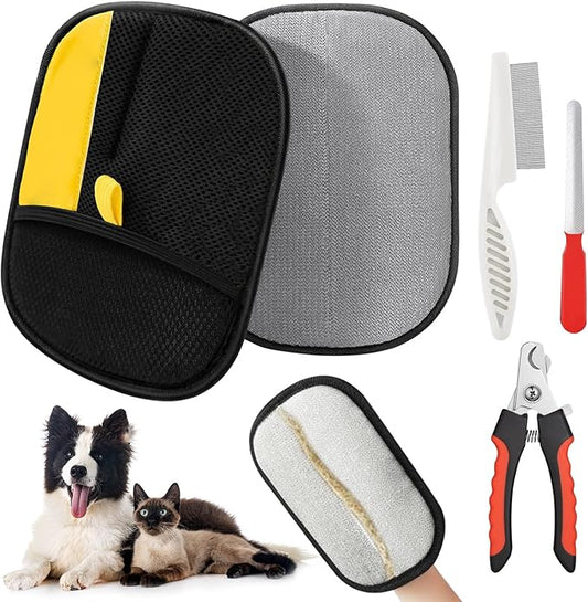 MA DREAMNEX - Pet Hair Remover Glove - 4-in-1 Grooming Kit with Hair Removal Glove, Nail Clippers, Comb & File - Dog & Cat Grooming Tools for Furniture, Clothes & Fur”