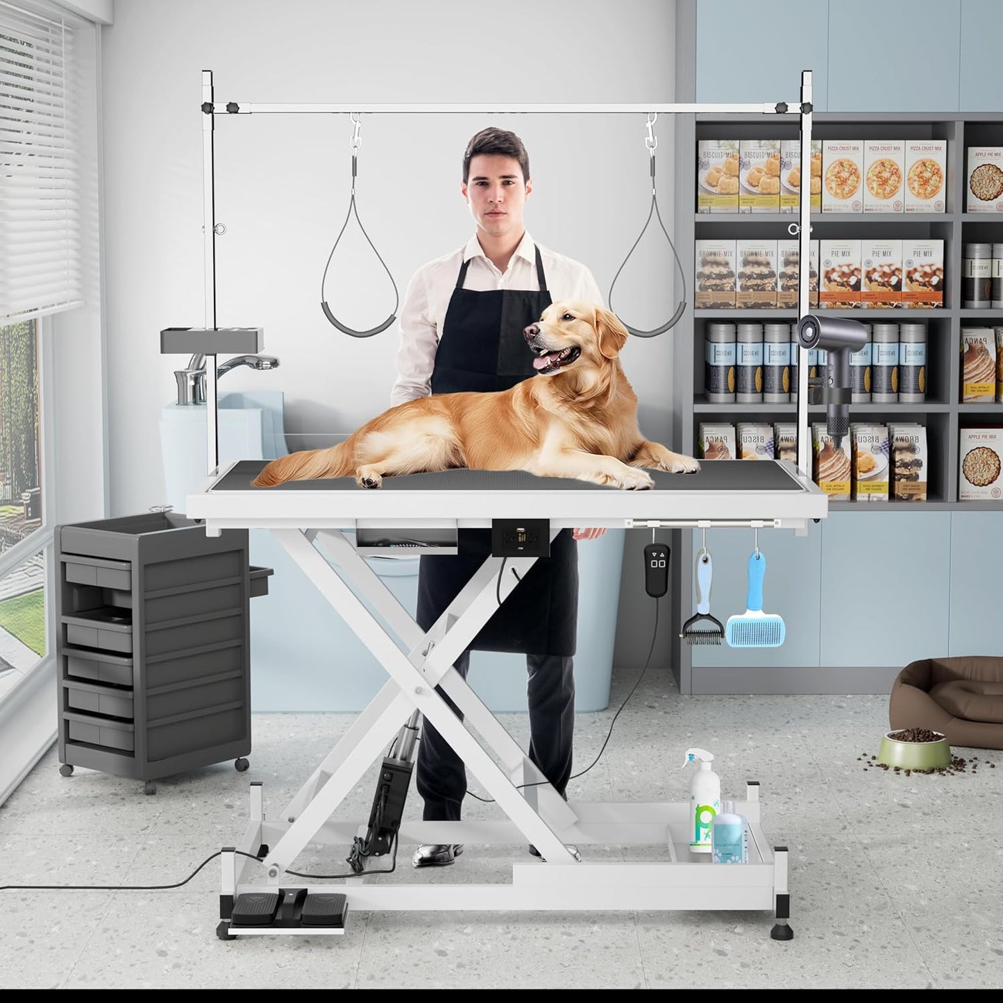 Heavy Duty Electric Lifting Pet Dog Grooming Table for Large Dogs with Overhead Arm, Anti-Skid Rubber Desktop and Powerful Motor, 50'' / White