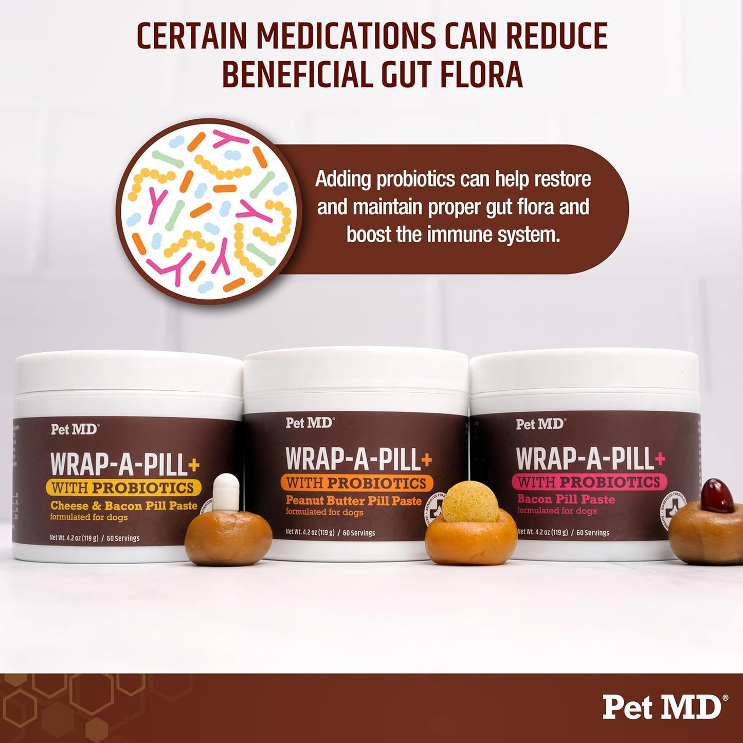 Pet MD Wrap-A-Pill with Dog Probiotics - Pill Wrap for Dogs Medicine - Easy-to-Use Paste to Hide Capsules, Create Pockets and Treats for Dogs - Peanut Butter (4.2oz)