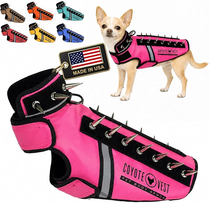 CoyoteVest SpikeVest Dog Harness, Made in the USA, XXS-Neon Pink | Stab-Resistant Protective Vest | Coyote Vest for Dogs | Defends Against Coyotes, Dogs, Birds of Prey | Reflective Safety
