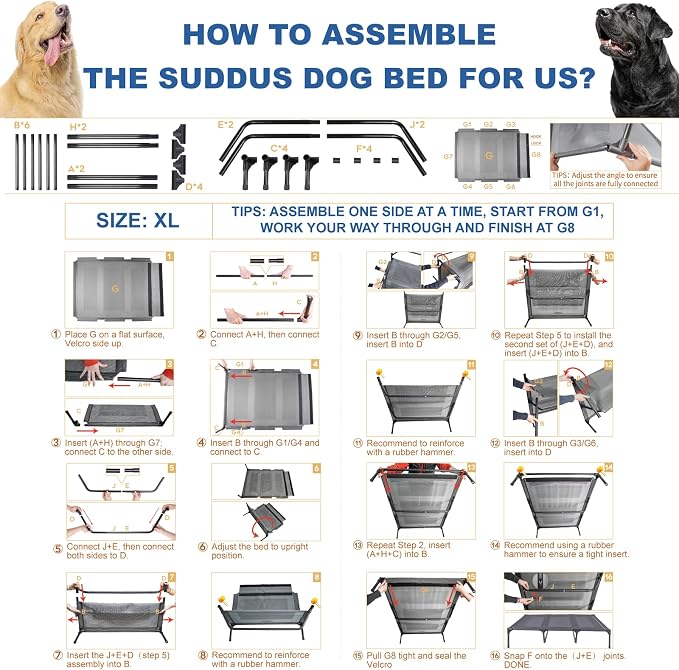 Elevated Dog Bed for Large Dogs 120lb, Breathable Cooling Raised Dog Cot with Dual Support Bars & Metal Frame, No-Slip Feet, Waterproof Pet Bed for Indoor/Outdoor, X-Large, 48 * 36 * 9in, Grey