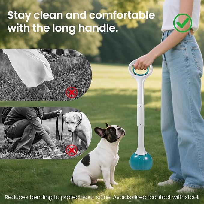 Dog Pooper Scooper Portable with Bag Attachment, One Handed Foldable Design, Includes 120 Waste Bags and Dispenser, 28 Inch Handle for Grass Yard Gravel Cleanup (Green)
