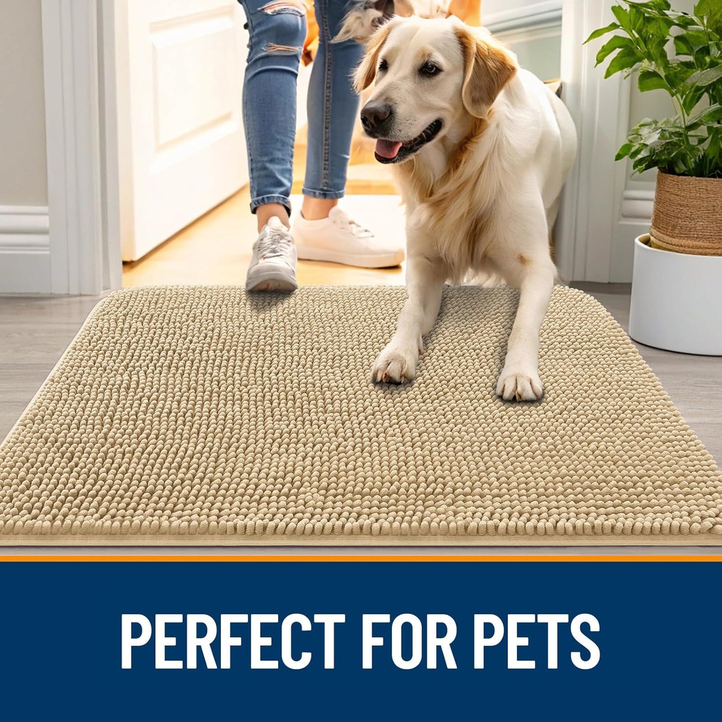 OLANLY Dog Door Mat for Muddy Paws 70x32, Absorbs Moisture and Dirt, Absorbent Non-Slip Washable Doormat, Quick Dry Chenille Mud Mat for Dogs, Entry Indoor Entryway Carpet for Inside Floor, Beige