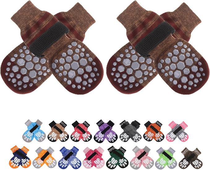 PUPTECK Anti-Slip Dog Socks with Double Sides for Small Medium Large Dogs Hardwood Floors Prevents Licking, Dog Shoes for Hot Pavement Traction Control Paw Protector for Senior Dogs, Striped Brown XL