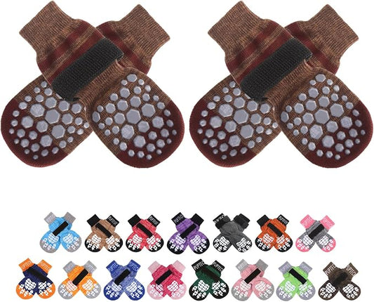 PUPTECK Anti-Slip Dog Socks with Double Sides for Small Medium Large Dogs Hardwood Floors Prevents Licking, Dog Shoes for Hot Pavement Traction Control Paw Protector for Senior Dogs, Striped Brown M