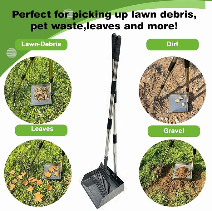 Pooper Scooper for Large Dogs, Dog Pooper Scooper Metal Tray and Rake。 | 9.4'' Large Tray and 8.26''Rake ,No Bending Clean Up,38" Long Handle Dog Poop Scooper for Grass, Gravel & Dirt.