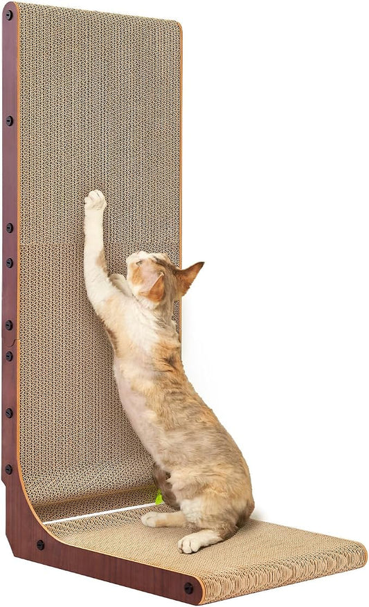 EHEYCIGA Cardboard Cat Scratcher for Indoor Cats, 32 Inch L Shaped Vertical Cat Scratching Board with Ball Cat Toy, Extra Large Cat Scratcher Pad, Dark Brown