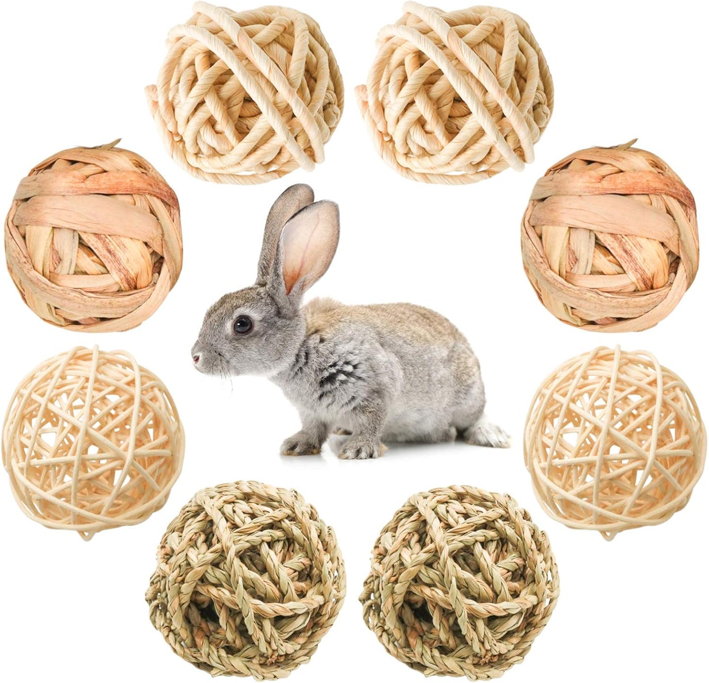 8 Pcs Small Animals Play Balls Rolling Activity Chew Toys Gnawing Treats for Rabbits Guinea Pigs Chinchilla Bunny Natural Balls, Pet Cage Entertainment Accessories (8Pcs)