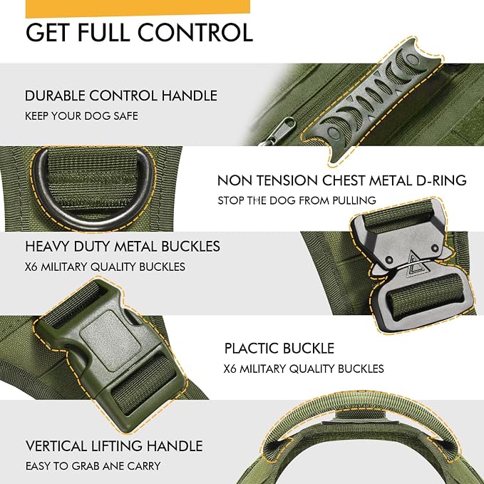 Tactical Dog Backpack Harness for Large Breed Original Design Metal Buckle Vest with Side Bags Pouches for Service Working Training (Green(Vest only), M)