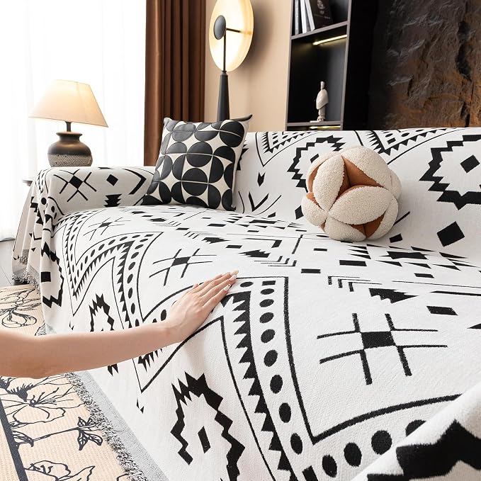 VClife Bohemian Couch Cover Aztec Geometric Chenille Sofa Cover for Sectional Couch - Black and White Zigzag Pattern Sofa Slipcover for 2 Cushion Couch Sofa 71" X 118"