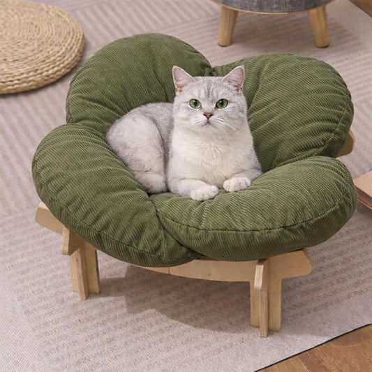 Elevated Wooden Cat Bed with Fluffy Removable Cushion, Modern Petal Shaped Cat Couch Sofa for Indoor Cats Small Dogs 40lbs Capacity Easy to Assemble (Green)