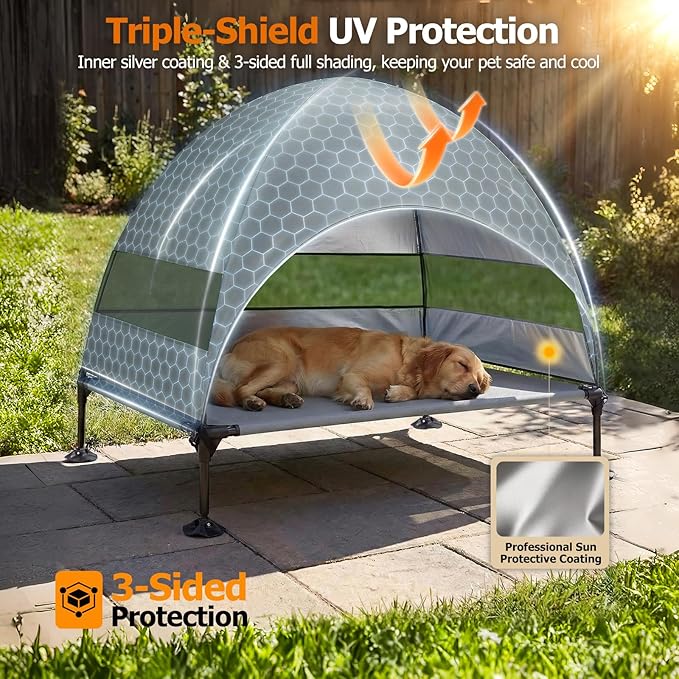 Elevated Dog Bed with Upgraded Canopy, Raised Outdoor Dog Tent with Powerful Anti-Slip Feet, Portable Pet Cot with Larger Shade, Raised Cooling Bed for Camping, Backyard, Beach, Poolside