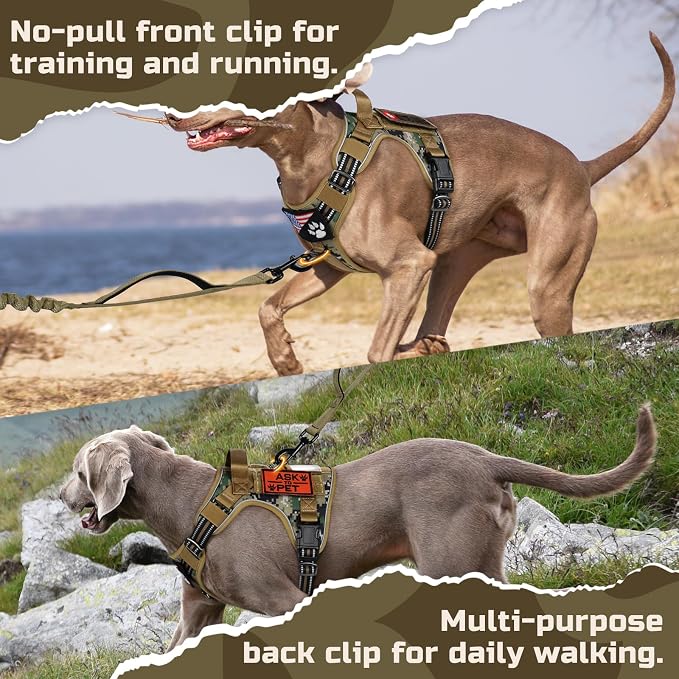 rabbitgoo Tactical Dog Harness for Large, No Pull Military Service Vest | Molle & Handle, Heavy Duty, Adjustable, Reflective Straps, Easy Control for Training Walking, Brown camo, Large