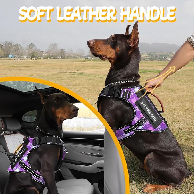 Tactical Dog Harness - HEYCAHVA Service Dog Vest Full Metal Buckles for Medium Large Dog Reflective No Pull Harnesses Vest with Leather Handle, Hook & Loop for Training (Purple, XL)