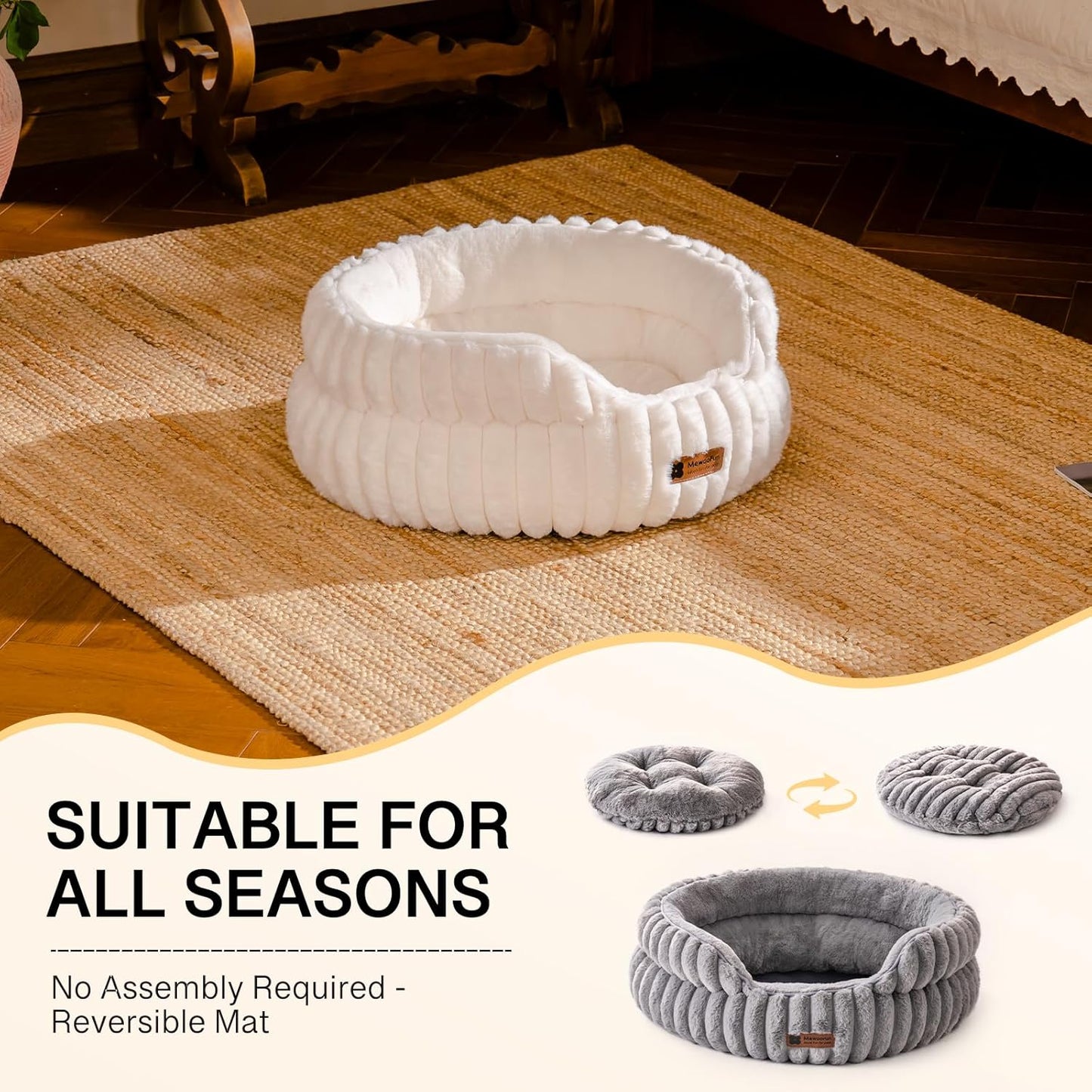 MEWOOFUN Washable Small Dog Bed, Cat Beds for Indoor Cats with Anti-Slip Bottom, Round Pet Bed for Puppy and Kitten (Beige, 24"x24"x9")