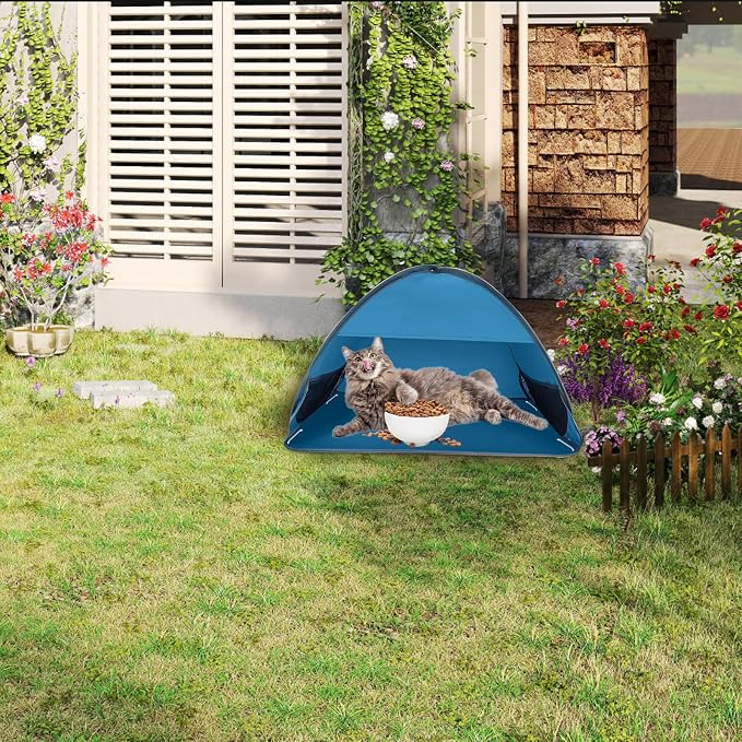 Outdoor Cat Feeding Station, 31.5 x 19.7 x 21.7in Large Outdoor Pet House | Foldable Stray Cat Shelter with Fixing Ground Nails for Feral/Community Cats, Small Dogs and Rabbits (Blue)