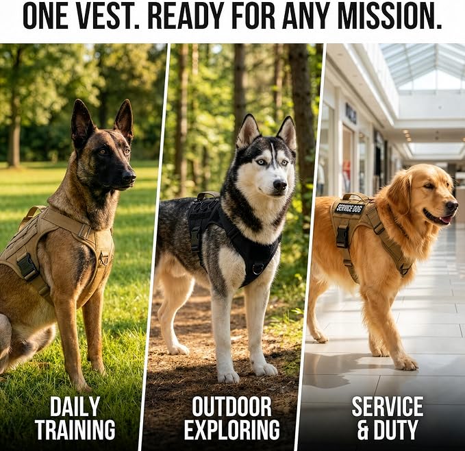 Tactical Dog Harness - Heavy Duty, No-Pull Training Vest for Large Breeds, Military Service Dog Vest with Front Leash Clip, Hook & Loop Panels, Padded Handle – Black, Medium