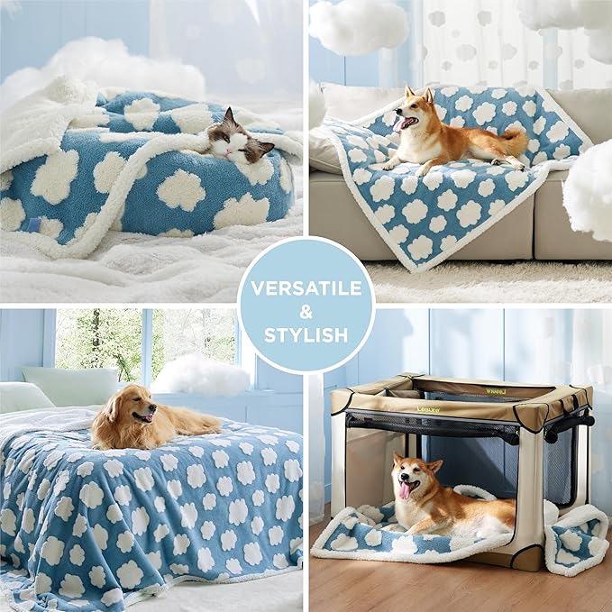 LE SURE Waterproof Dog Blankets for Large Dogs Cute Cozy 3D Jacquard,40x50 | Warm Soft Pet Blanket for Senior Dogs Aesthetic Gift, Washable Sherpa Throw, Reversible Couch Protector, Clouds Blue