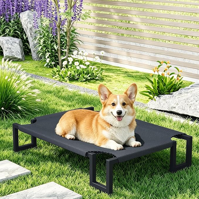 Elevated Dog Bed for Medium Sized Dogs,Raised Outdoor Dog Cot | Waterproof Cooling Pet Bed with Washable Cover,Breathable Teslin Mesh,Indoor & Outdoor,Durable,No-Slip Feet,Black 90×65×21cm