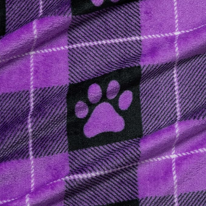 Pet Dog Cat Blanket Ultra Soft Cozy Fleece Paw Print Design Machine Washable Durable for Crates Beds Sofas Travel (Paw Buffalo Check - Purple, Medium)