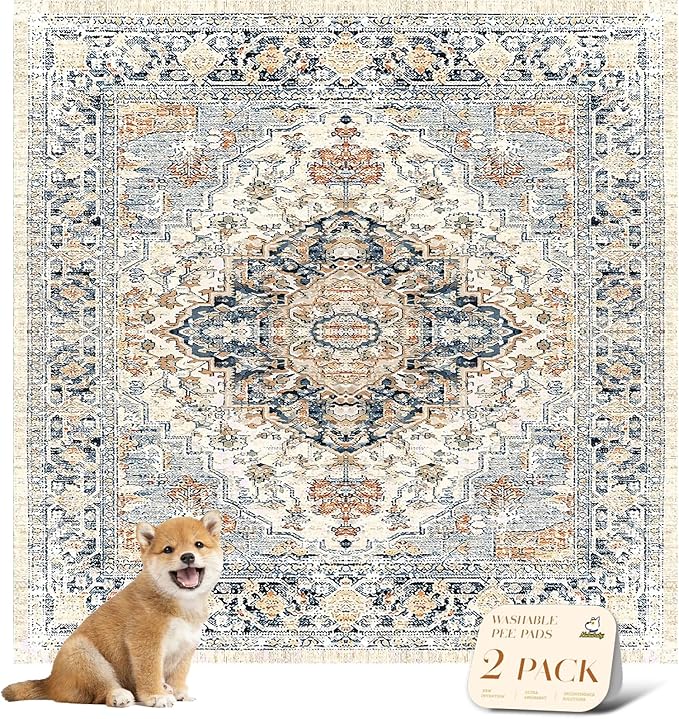 nunubaby Reusable Potty Pads for Dogs for Crates and Floors. Washable Pee Pads for Dogs, Stylish, Non-Slip and Leak-Proof Pee Pads. (Beige/Multi, 54" x54" )