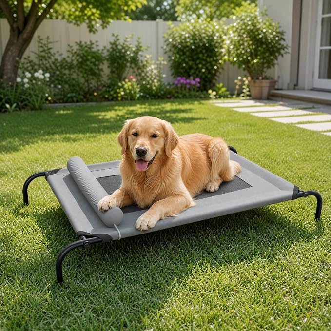 Outdoor Dogs Bed Elevated Dog Bed Large Cooling Raised Pet Cot Grey | Portable Raised Camping Dog Cot , Adjustable Headrest , Breathable Teslin Mesh,Indoor Pet Bed,42"x23.6"x6.3",Washable