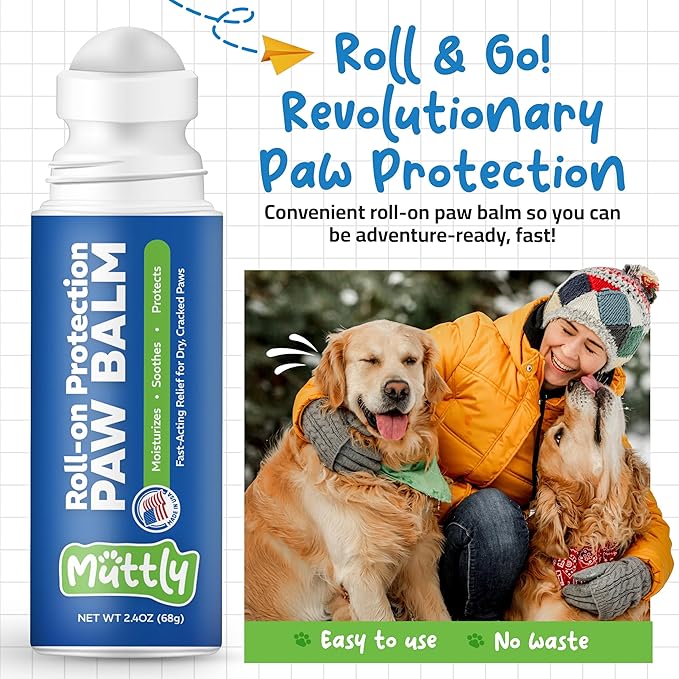 Roll-On Dog Paw Balm - Moisturizer & Soothing Protection from Snow & Hot Pavements - Snout Soother for Dogs - Easy & Fast to Apply, Natural, Non-Toxic, Food-Grade, Lick-Safe Wax
