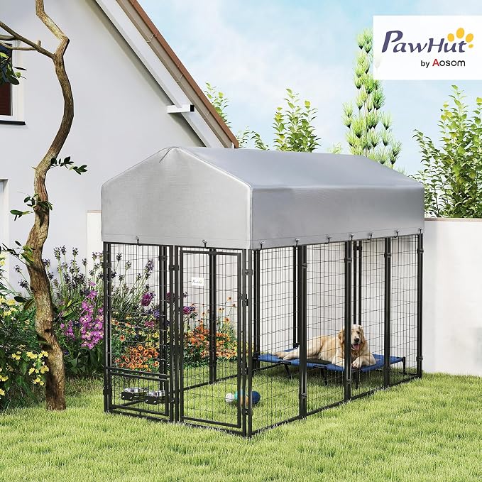 PawHut 8' x 4' x 6' Dog Kennel Outside Welded Wire for Large Breeds Silver | Outdoor Dog Kennel Run, 360° Rotating Bowls, Waterproof & UV Resistant Cover, for Chickens, Ducks