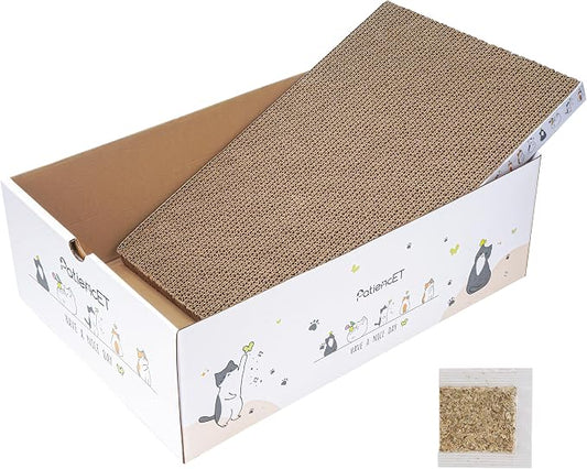 PatiencET Cat Scratch Pad with Box, Corrugated Cardboard Scratcher | Raised edges, less mess, cozy lounge, furniture protection, double-sided scratch surface, replaceable design, catnip included