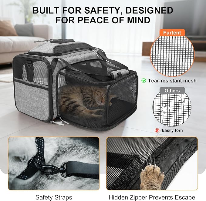 Cat Carrier Soft Expandable Pet Carrier Top & Sides Airline Approved Dog Carriers 360° Ventilation Soft-Sided Cat Carriers with Breathable Mesh Built-in Safety Leash & Reversible Cushion