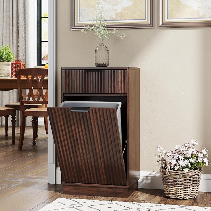 10-Gallon Single Tilt Out Trash Can Cabinet with Drawer,Kitchen Trash Can Cabinet Garbage Recycling Cabinet Wooden Dog-Proof Trash Cabinet for Dining Room and Kitchen,Laundry Room
