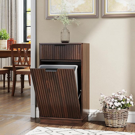 10-Gallon Single Tilt Out Trash Can Cabinet with Drawer,Kitchen Trash Can Cabinet Garbage Recycling Cabinet Wooden Dog-Proof Trash Cabinet for Dining Room and Kitchen,Laundry Room