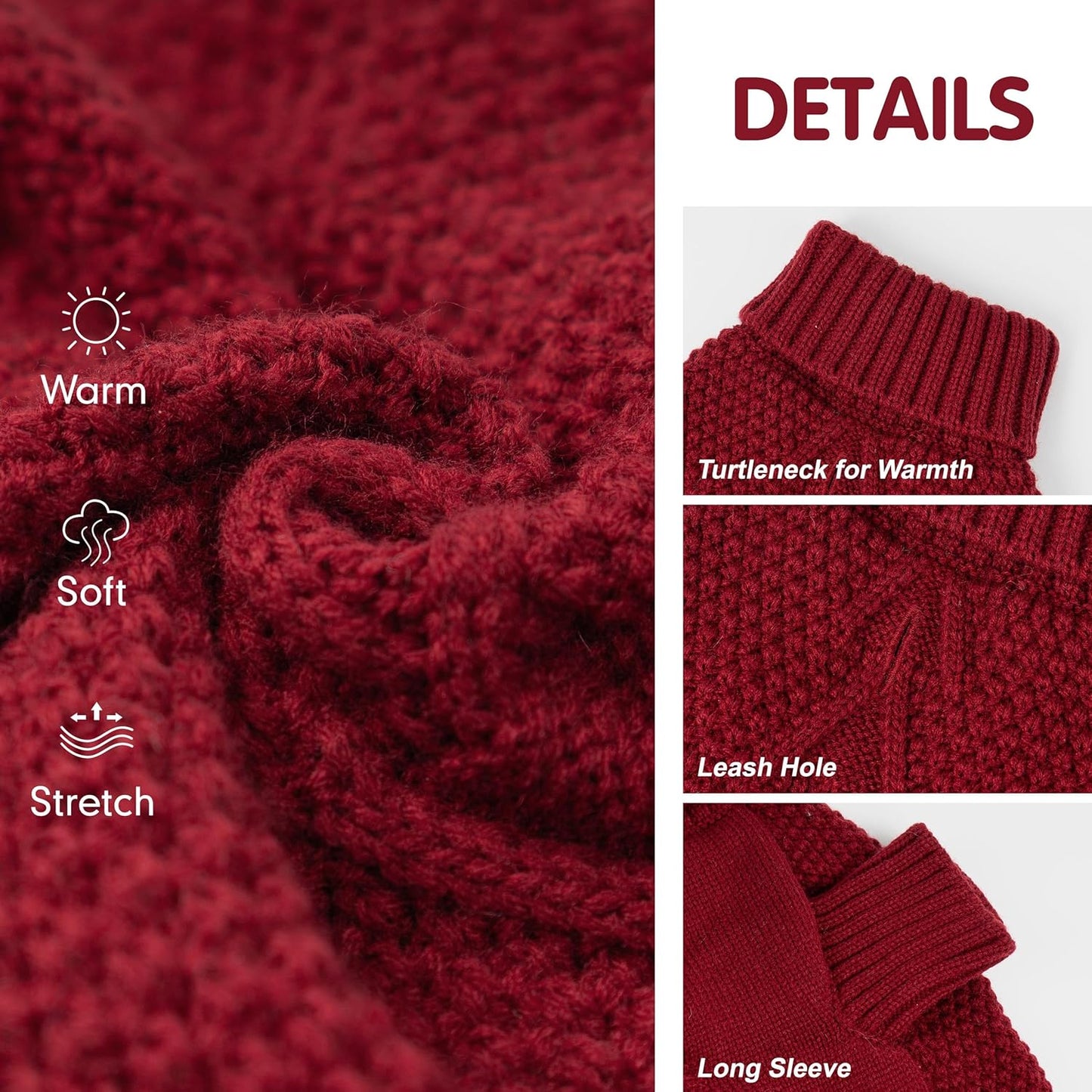 cyeollo Turtleneck Dog Sweater Soft Knitted Sweaters with Leash Hole Pet Clothes for Cold Day Pet Small Medium Dog Sweaters, Burgundy XL