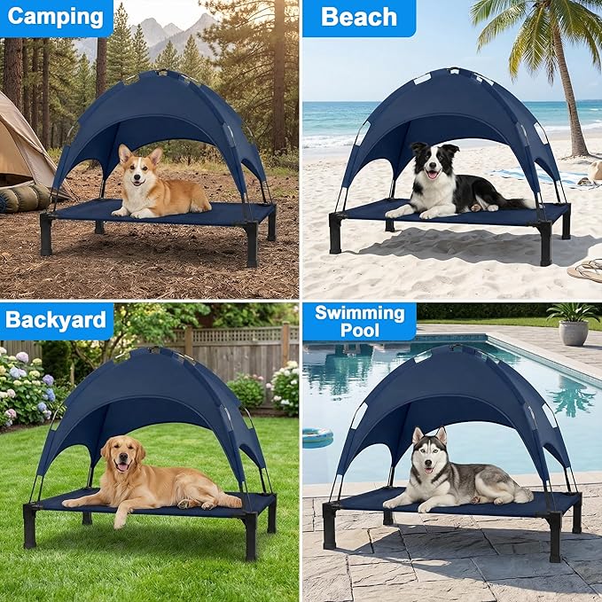 Elevated Dog Bed with Canopy, 42in Raised Pet Cot Large Sized Dog | Outdoor Dog Bed, Removable Sun Shade, Orthopedic, For Medium/Large Dogs up to 70lbs, Breathable Mesh,Camping Beach Backyard