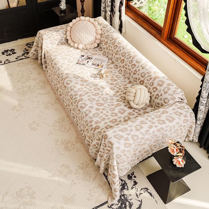 VClife Boho Couch Cover, Vintage Khaki Leopard Print Sofa Cover for Pet, 1 Piece Washable Durable Loveseat Cover, Modern Versatile Furniture Protector for Bedroom Living Room, 71''x118''