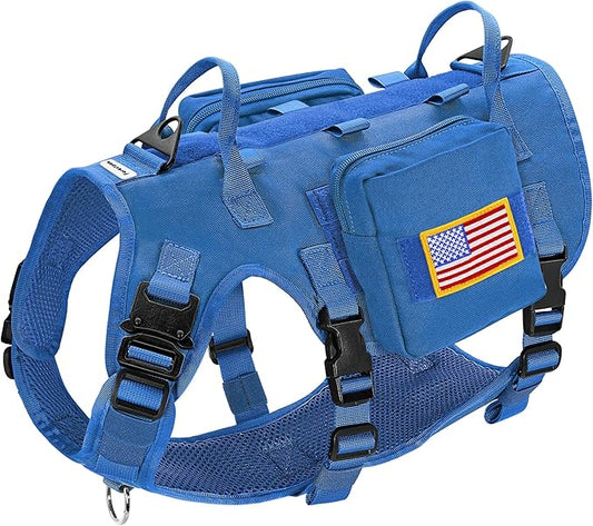 Forestpaw Tactical Dog Harness Pouches and Patches Set,L,Blue | Adjustable Fits 27-40" Chest,70-140 lbs,No Pull Military Style Service Dog Vest for Daily Walking Training,Medium Large Dogs