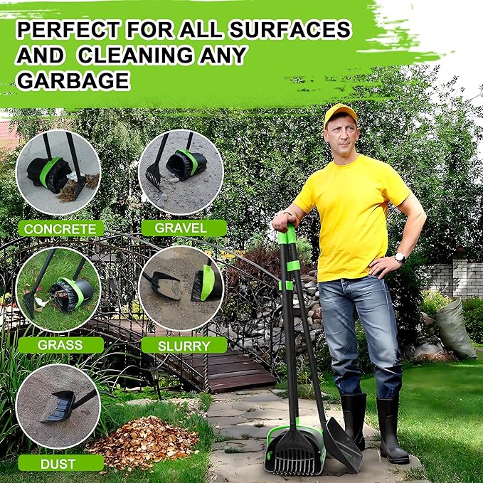 Pooper Scooper Swivel Bin & Rake & Spade Kit with Waste Bags, Max 50" Long Handle Adjustable Portable Non-Breakable for Large Medium Small Dogs, Dry and Wet Poop，Lawn Yard Dog Kennel