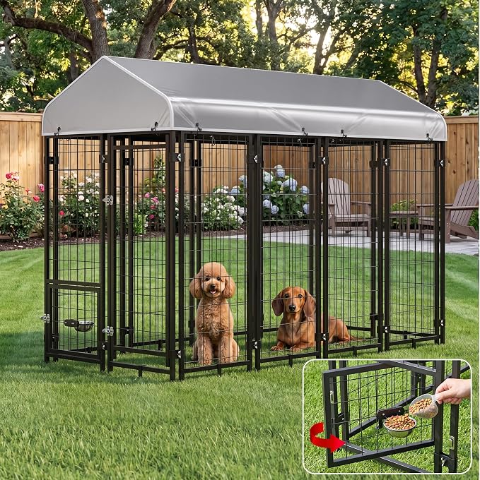 Dog Kennel Outdoor Enclosure with Roof, 8x4x6 FT Heavy Duty Outside Dog Run with Adjustable Bowls for Yard, Medium Large Dogs
