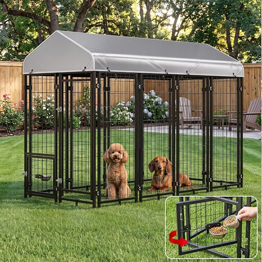 Dog Kennel Outdoor Enclosure with Roof, 8x4x6 FT Heavy Duty Outside Dog Run with Adjustable Bowls for Yard, Medium Large Dogs