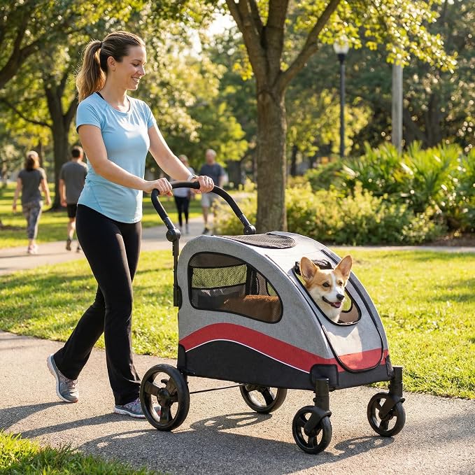 Garvee Extra Large Dog Stroller with Steel Pipe Frame, Wheels, Brakes, Shock Absorption, Foldable Design - Red