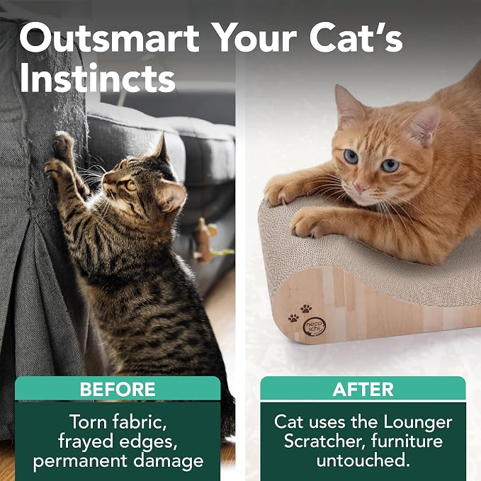 Necoichi Cardboard Cat Scratcher Bed for Indoor Cats - Cat Scratching Board, Horizontal Cat Scratch Pad Lounger with Reversible Usability and Extra Comfort for Lounge, Curved (23" Large, Oak)