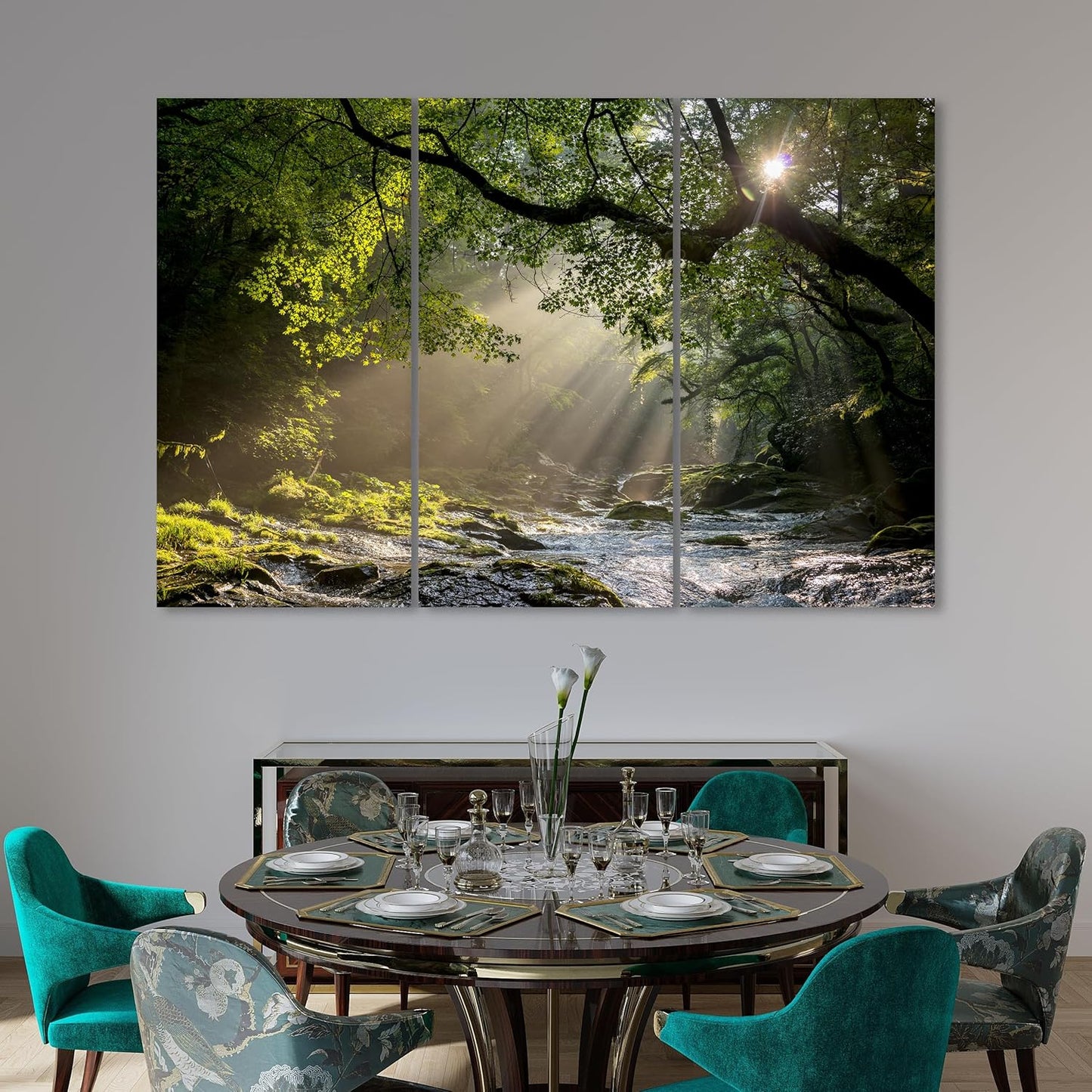 Nature Wall Art Prints - Ocean Forest Mountain Lake Canvas Landscapes - Small to Extra Large Living Room Bedroom Kitchen Bathroom Décor (Rocky River in the Woods, 35L" x 53W" - 3 Panels)