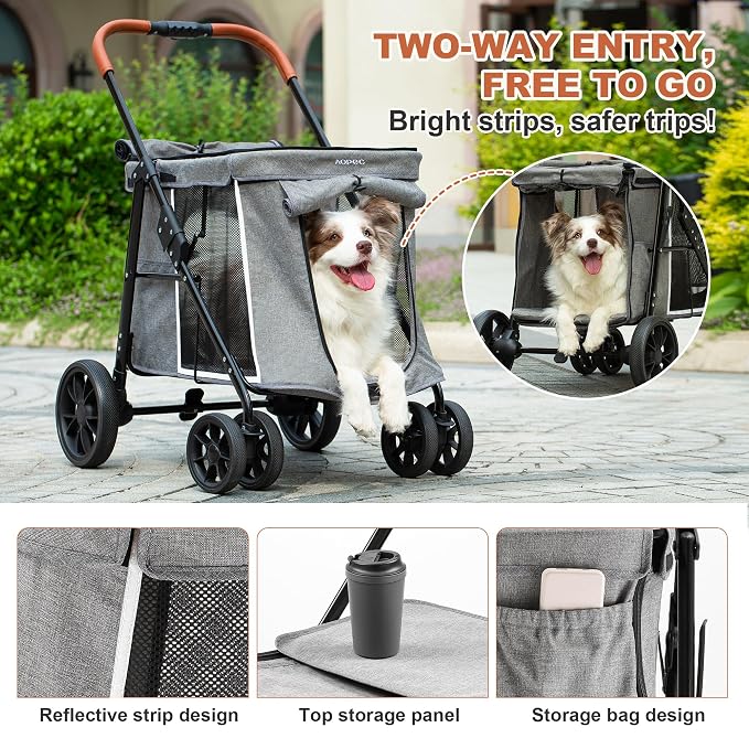 Medium Dog Stroller, Dual Entry One-Touch Folding,Small and Medium Pet Stroller,360° Rotating Front Wheels,80 lbs Weight Capacity for Outdoor Travel and Elderly Dogs - Gray