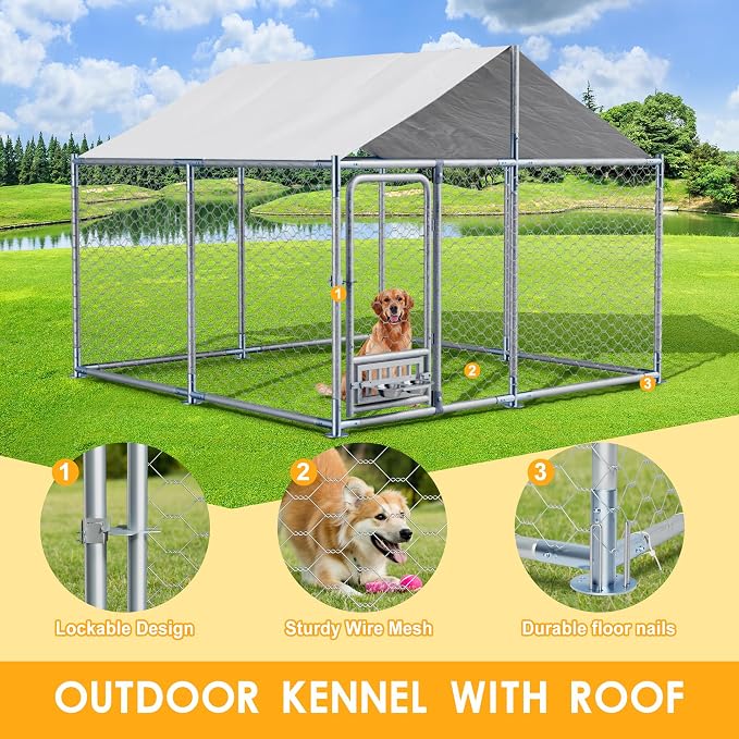7.5×7.5×5.3 FT Outdoor Dog Kennel Enclosure w/Roof, Rotating Feeder | Large Heavy Duty Dog Run Playpen with 2 Stainless Bowls, Galvanized Pet House with Secure Lock, Waterproof Cover