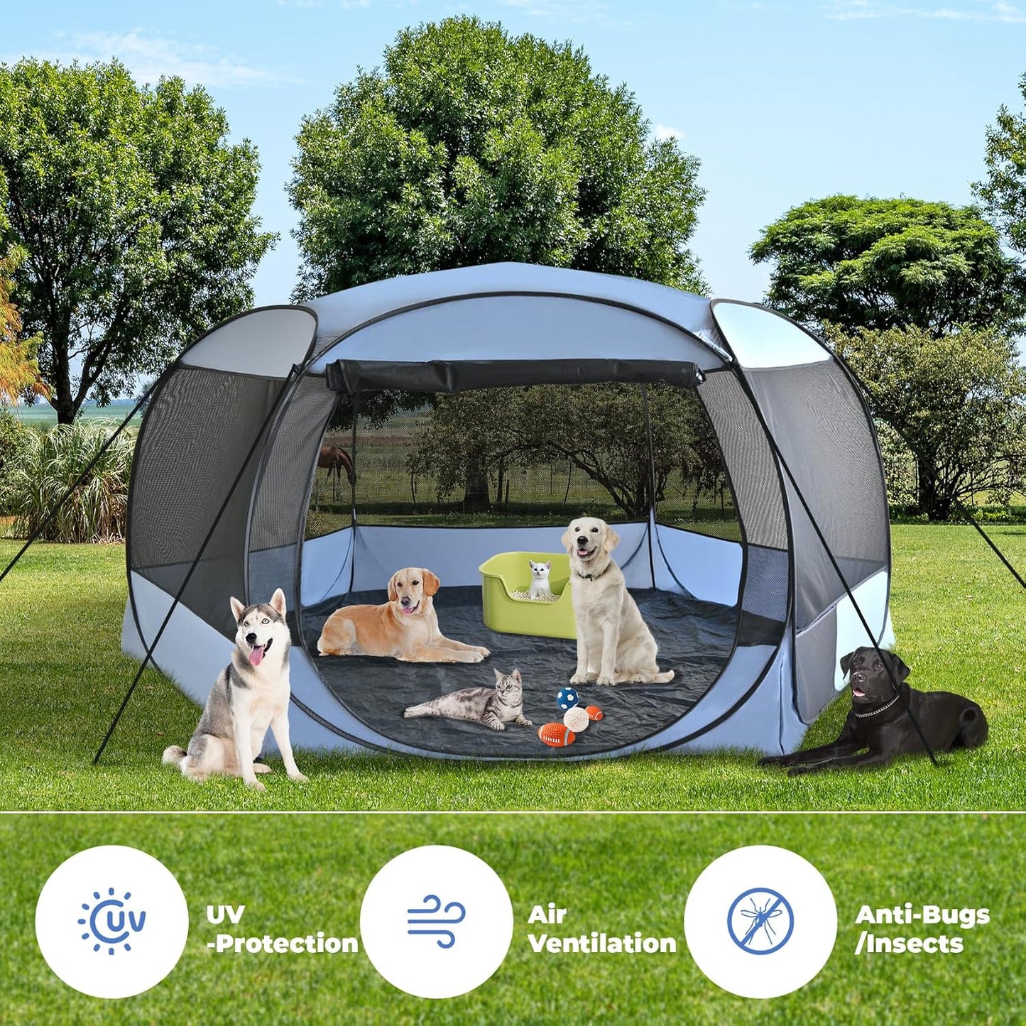 XXLarge Popup Portable Dog Houses, 10'x4.8'H Assembly-Free Gazebo-Style Kennel Dog Playpen Pet Screen Tent Sun Shade Shelter, Dog Crates Canopy for Travel Camping Anti-Bugs with Leakproof Bottom