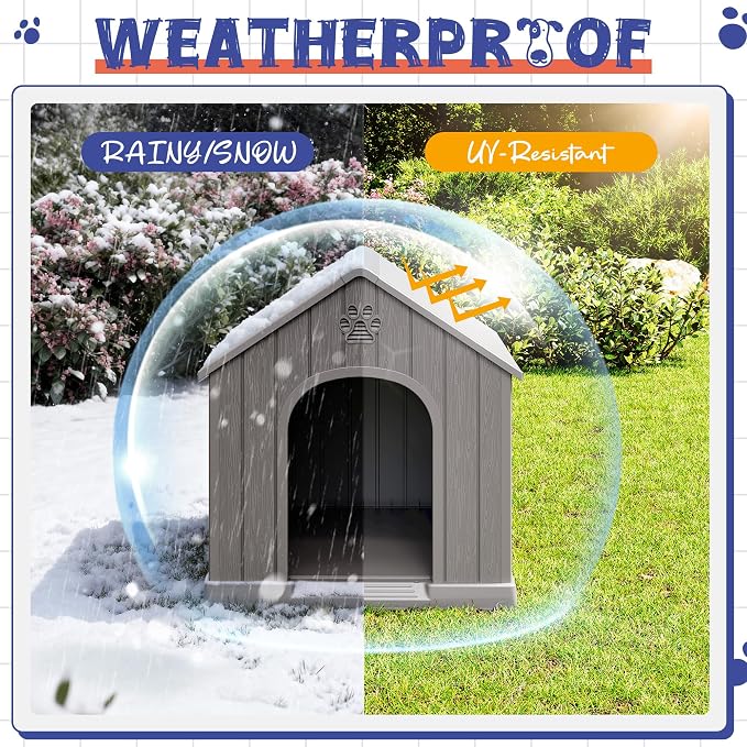 Bifanuo Outdoor Indoor Dog House for Small & Medium Dogs - Weatherproof Shelter with Elevated Floor, Hidden Vents & Tool-Free Assembly (Classic Grey, 26.18" L x 24.03" W x 25.98" H)