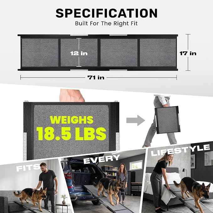 Dog Ramp for Car - 71" L x 17" W Portable Dog Ramp for Car | Foldable dog ramp for cars, trucks & SUVs, beds & sofas with anti-slip feet, traction carpet, 250 lb, for Corgis & Dachshunds