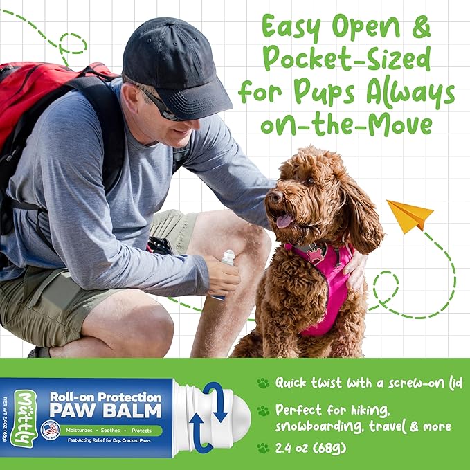 Roll-On Dog Paw Balm - Moisturizer & Soothing Protection from Snow & Hot Pavements - Snout Soother for Dogs - Easy & Fast to Apply, Natural, Non-Toxic, Food-Grade, Lick-Safe Wax