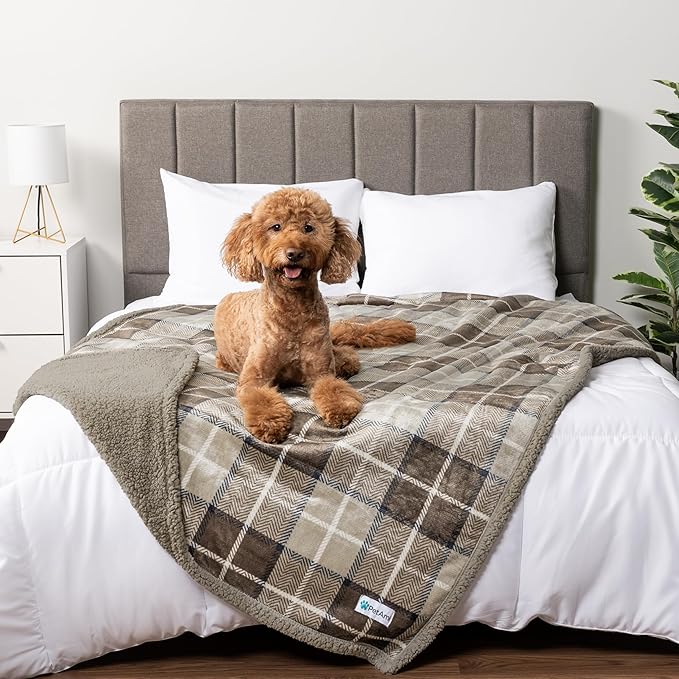 PetAmi Waterproof Dog Blanket for Medium Large XL Dog Puppy Cat Throw for Couch Cover Leakproof Protection, Sherpa Fleece, Reversible Soft Washable 80x60 Plaid Taupe