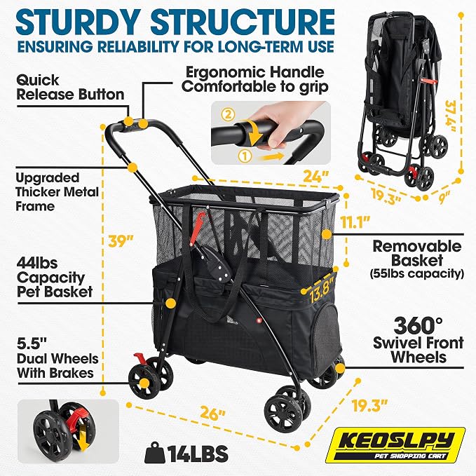 Upgraded Folding Shopping Cart & Pet Stroller 99 LB, 2-in-1 Personal Portable Shopping Cart with Removable Basket & Lower Dogs Stroller for Groceries, Laundry, Camping Pet Traveling